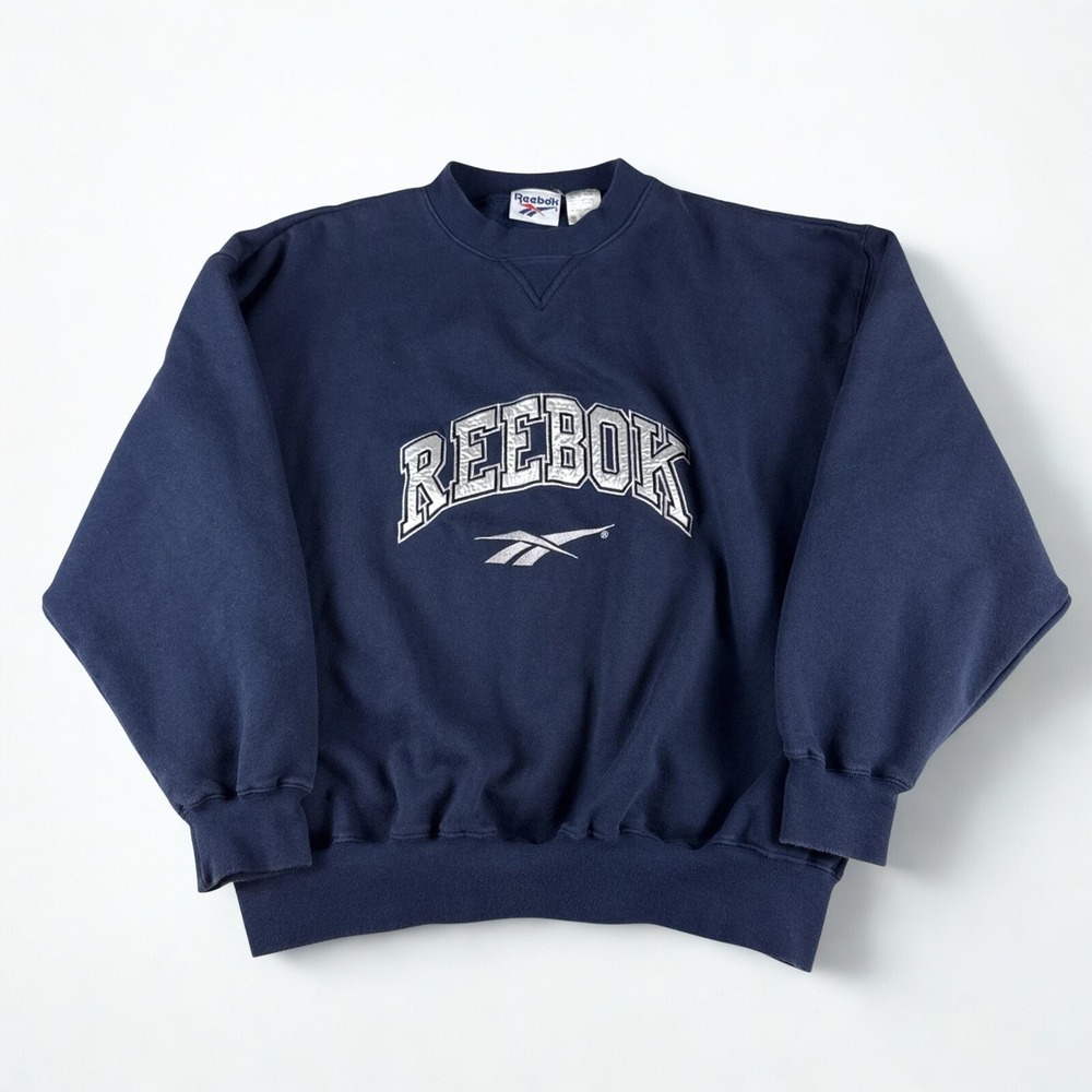 Y2K Reebok Sweatshirt Navy Blue M Crewneck Embroidered Logo Casual Streetwear